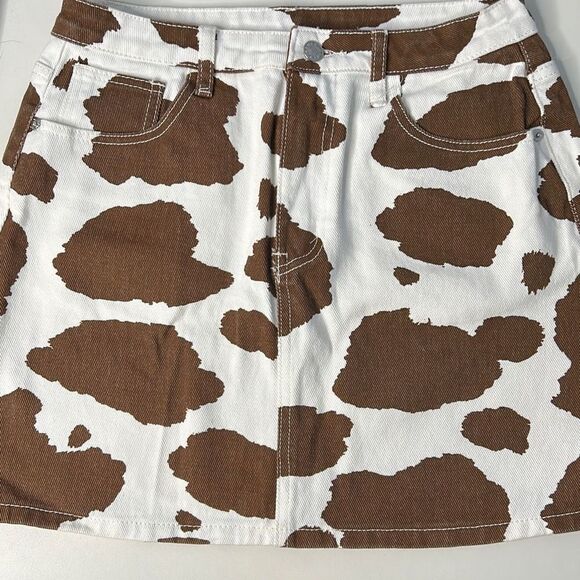 Shein Cow Print High Rise Mini Denim Skirt Medium - Picture 1 of 8
